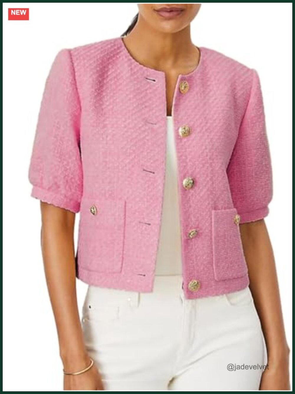 Cropped Tweed Blazer Women Short Sleeve Puff Sleeve Open Front Office Work